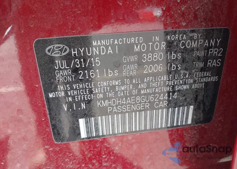 2016 Hyundai Elantra Se z USA, uszkodzony, nr VIN KMHDH4AE8GU624414